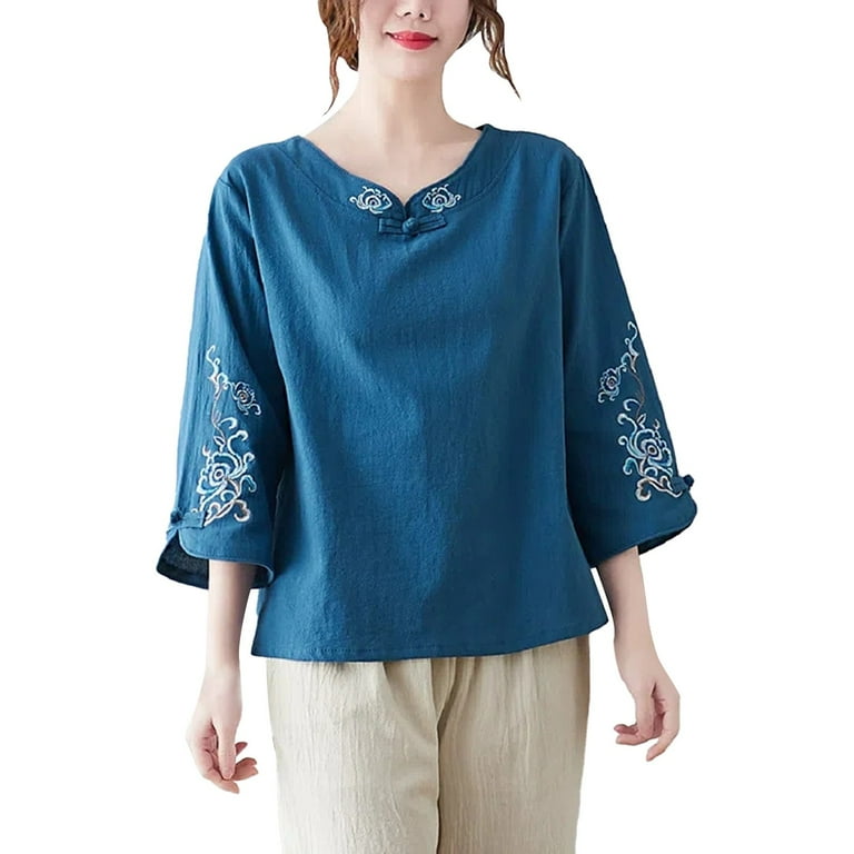 Blue Plus Size Blouses Cotton Plus Size Shirt for Women Plus Size Womens Shirts Big Tall 3XL Plus Size Tshirts for Women Womens Shirts Dressy Casual Tops Dress Shirts for Women