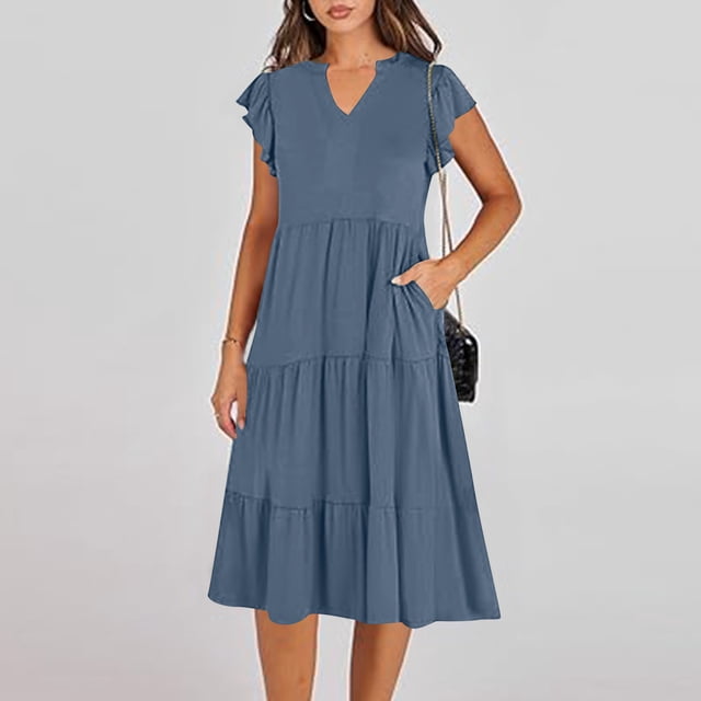 LOVZFMLL Dresses Women's Summer Solid Color SleevelessV-Neck Dress