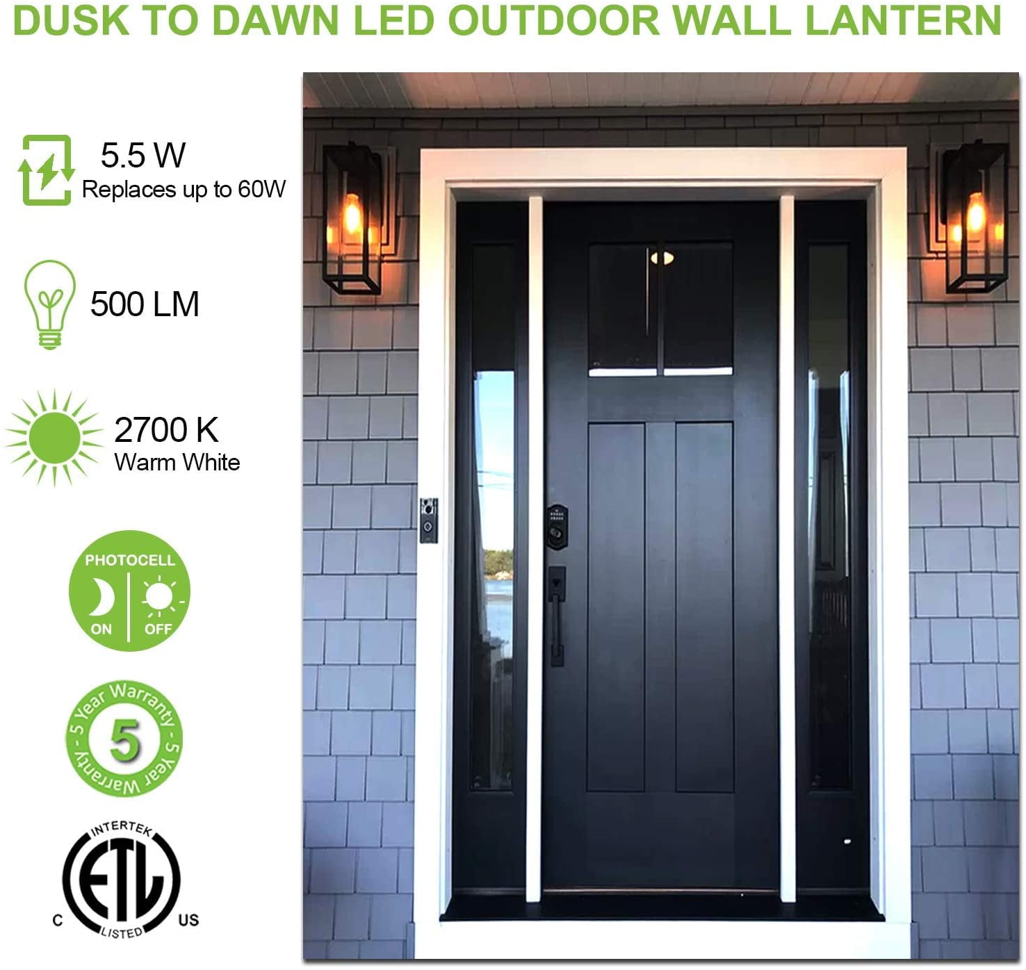 Large Size Dusk to Dawn Outdoor Wall Lanterns, 18 Inch Outdoor Wall Light Fixtures, Matte Black Porch Lights, Exterior Wall Lighting, Anti-Rust Architectural Outdoor Sconces, ETL Listed, 2 Pack
