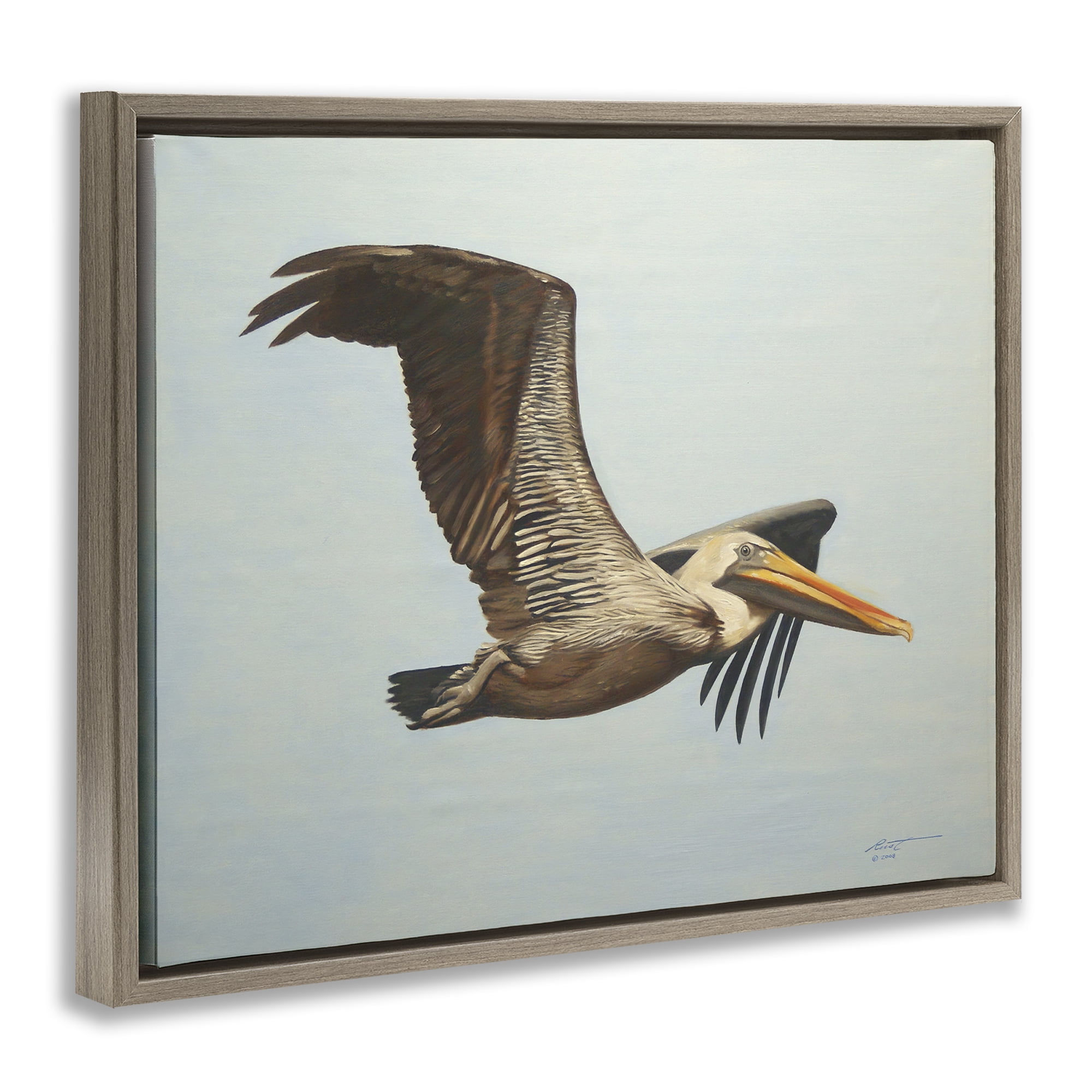 Stupell Industries Brown Pelican in Flight Animals & Insects Painting Brown Floater Framed Canvas Art Print Wall Art, 31 x 25