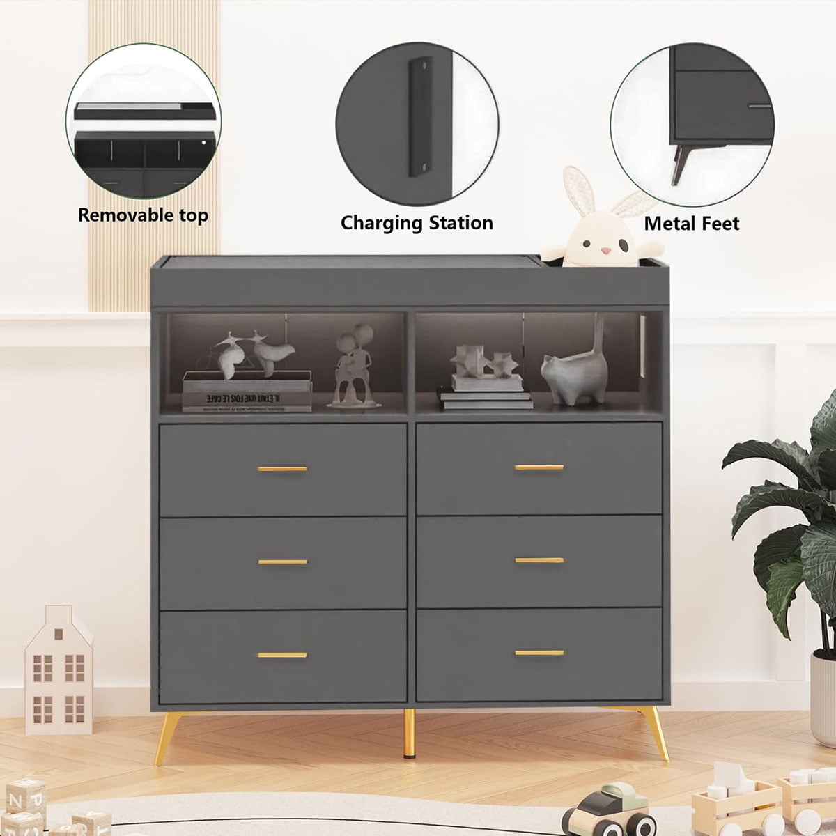 Danolapsi Changing Table Dresser with Drawers,Baby Dresser with Changing Table Top,Power Outlet,LED Light & Metal Feet,Diaper Changing Station Nursery Organizer for Infants Newborn（ship in 2 boxes）
