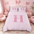 thumbnail image 3 of Meiyoeat Lovely Bow Letter H Duvet Cover Set for Girls Adults, Gentle Stripe Bedding Full for Decor, Light Pink White,Pink Reversible,3pcs,No Comforter, 3 of 6