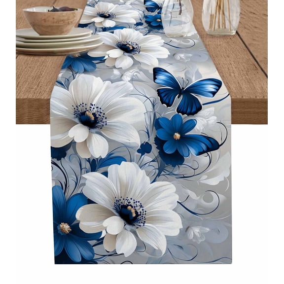 Hokiten Table Runners 108 Inches Long Dress Scarves, White Blue Flowers Farmhouse Coffee/Dining/Kitchen Table Runner for Living Room, Modern Elegance Butterfly Floral 13x108 Inch
