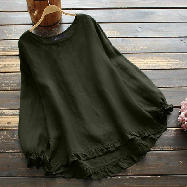 CHOK Chemises en Lin pour Femmes Mode Été Décontractée Ample Lin Uni Volants Manches Longues Col Rond Hauts Blouse