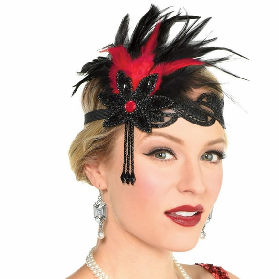 Gatsby Roaring 20's Flapper Headband, Red Black Feather Flower