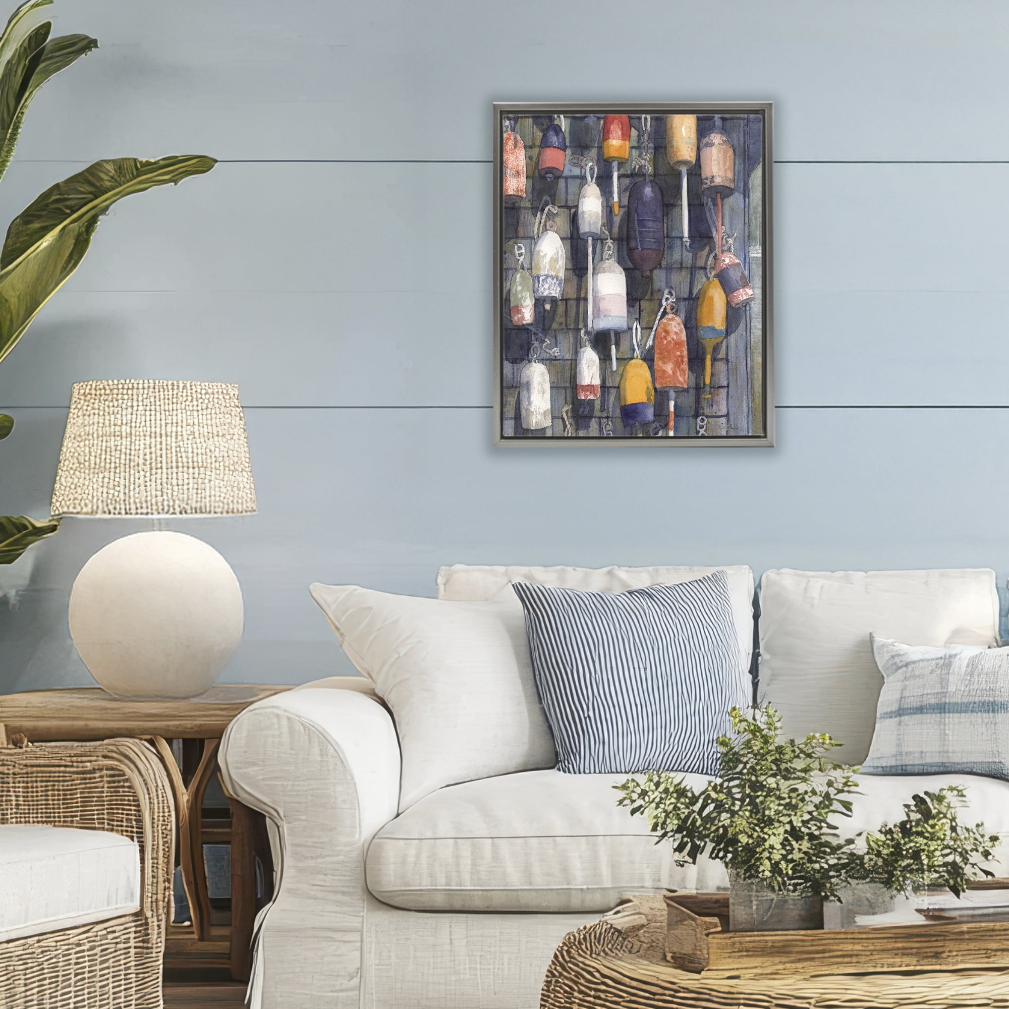 Stupell Industries Watercolor Hanging Buoys Gray Framed Floater Canvas Wall Art, design by Patti Bishop