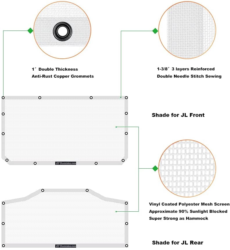 Shadeidea JL Sun Shade for Jeep Wrangler 2 Door Top Sunshade ( 2018 - Current ), Front & Rear - White Mesh Screen Wrangler Cover, UV Blocker with Grab Bag Pouch - 10 Years Warranty