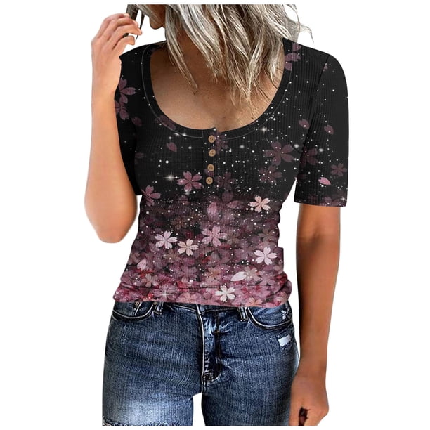 Blusas de Manga Corta para las Mujeres Cuello Redondo Botón Arriba Camiseta Suelta, Top de Algodón de Imitación Casual para Diario