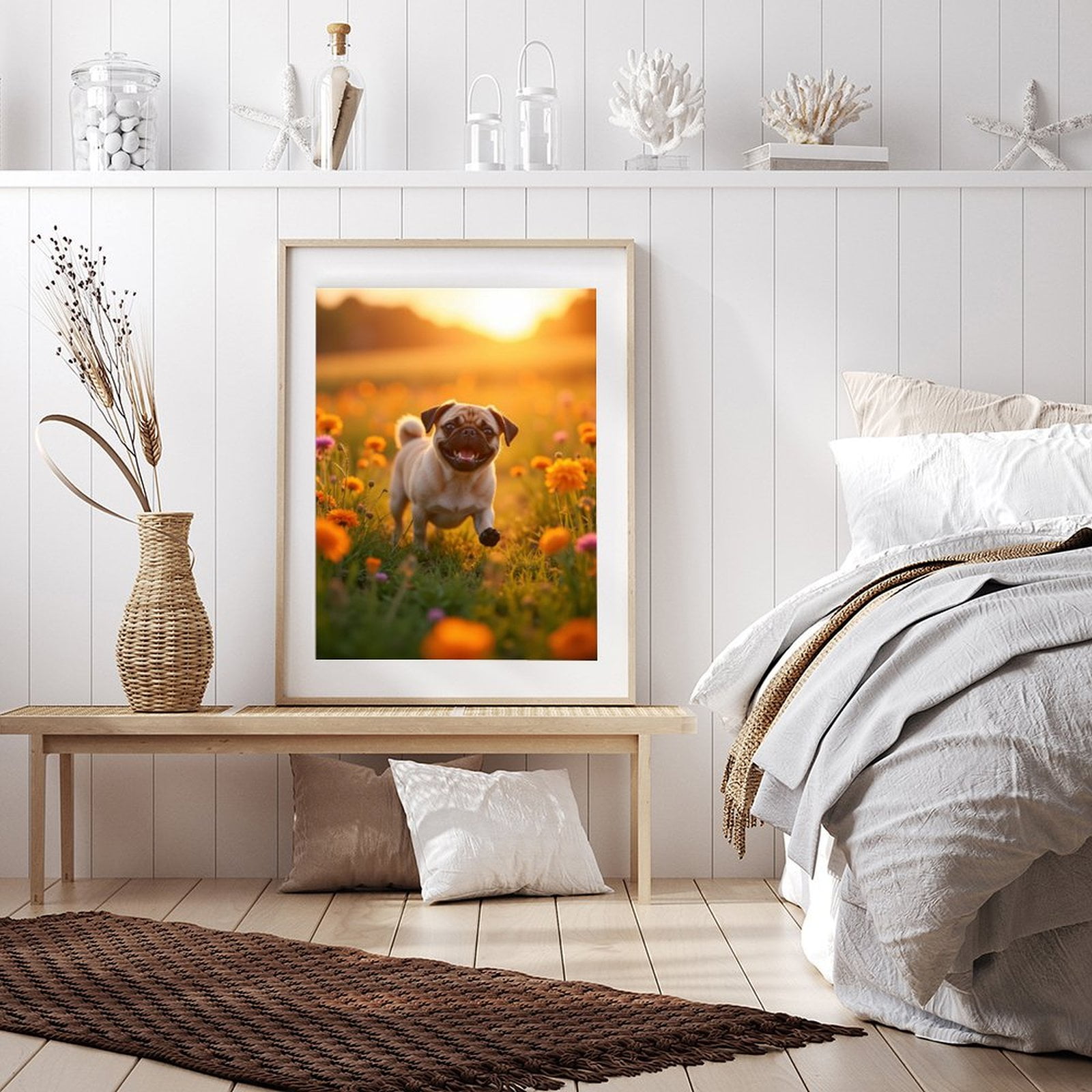 Diamond Art Kits for Adults - 5d Pug Sunset Blooming Meadow Diamond Painting for Adults, Diamond Art for Adults Beginners, Diamond Painting Kits for Adults for Home Wall Decor