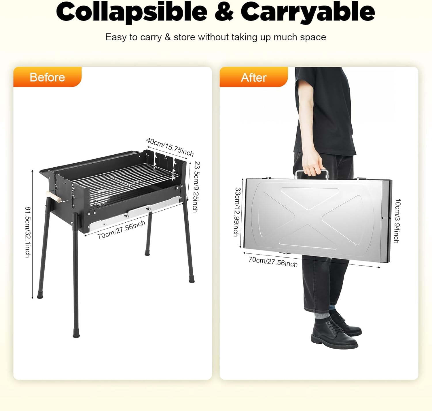 Portable Charcoal Grill, Folding BBQ Grill with 3 Adjustable Height Levels &Side Table, Stainless Steel & Iron Outdoor Grill for Camping, Tailgating, Backyard, Picnic, Fits 3-8 People 25.79" x 11.42"