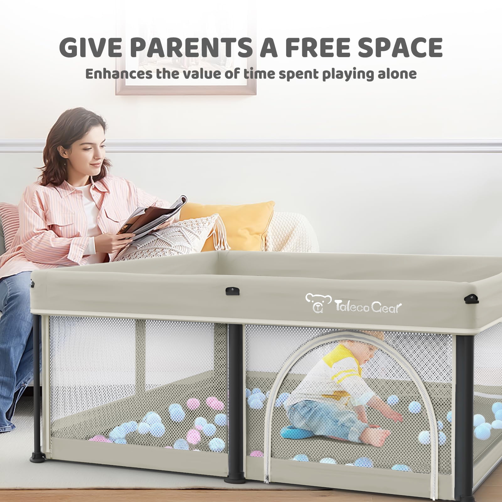 Foldable Baby Playpen with Mat, Collapsible Play Pen for Babies and Toddlers, Indoor & Outdoor Kids Safety Play Pen, Portable Play Yard with 50 Ocean Balls, 50"×50", Beige
