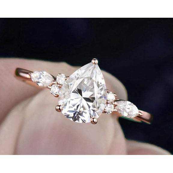 SOLITAIRE JEWELS 9x7MM Pear cut Moissanite Engagement Ring Pear Diamond Ring with round and marquise side Diamonds Promise ring Gift 10K/14K/18K Solid Gold