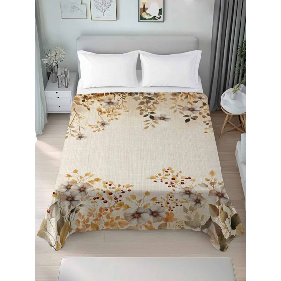 Queen Size Flat Sheet Only,Autumn Leaves Flower on Vintage Linen Soft Top Bed Sheets Breathable Bedding Sheet Watercolor Floral Microfiber Hotel Luxury Top Sheets