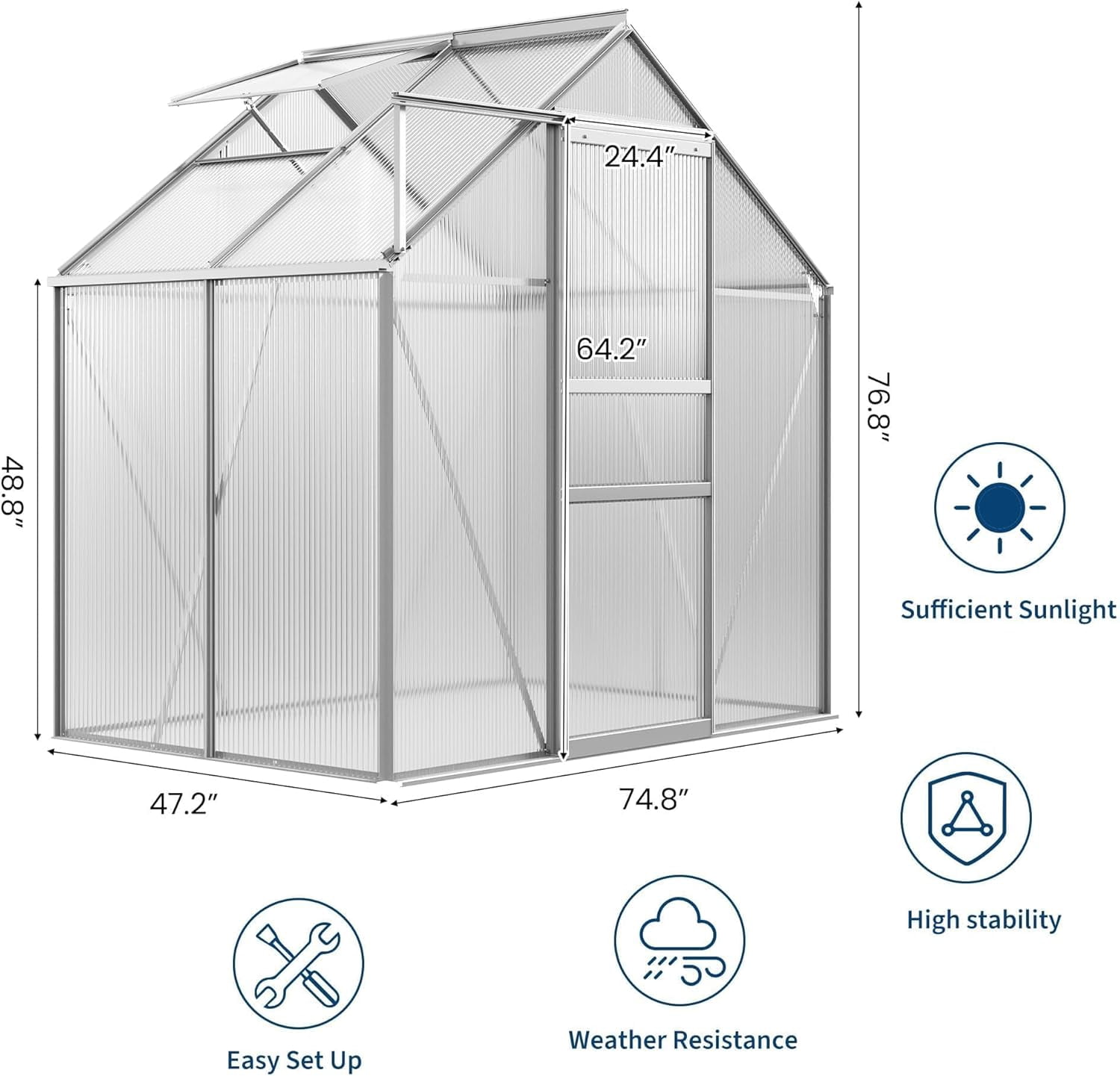 QinaQin 6 x 4 FT Outdoor Greenhouse,Polycarbonate Greenhouses with Aluminum Frame,Sliding Door,Adjustable Roof Vent for Backyard,Green Houses for Outside Garden,Silver