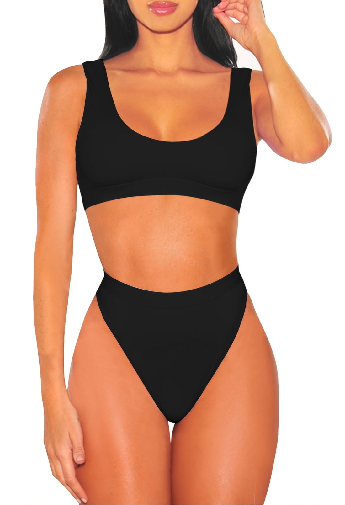FEDULK Women Scoop Neck Bikini Crop Top High Cut Two Piece Swimsuit Sporty High Waisted Bathing Suits 