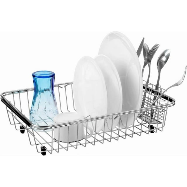 DPZM Expandable 304 Stainless Steel Dish Drying Rack,Dish Rack,L15.3~22.4''xW12.2''xH3.93'' Drying Rack Kitchen,Kitchen Sink Organizer,Over The Sink Dish Drying Rack with 1Pcs Chopstick Holder