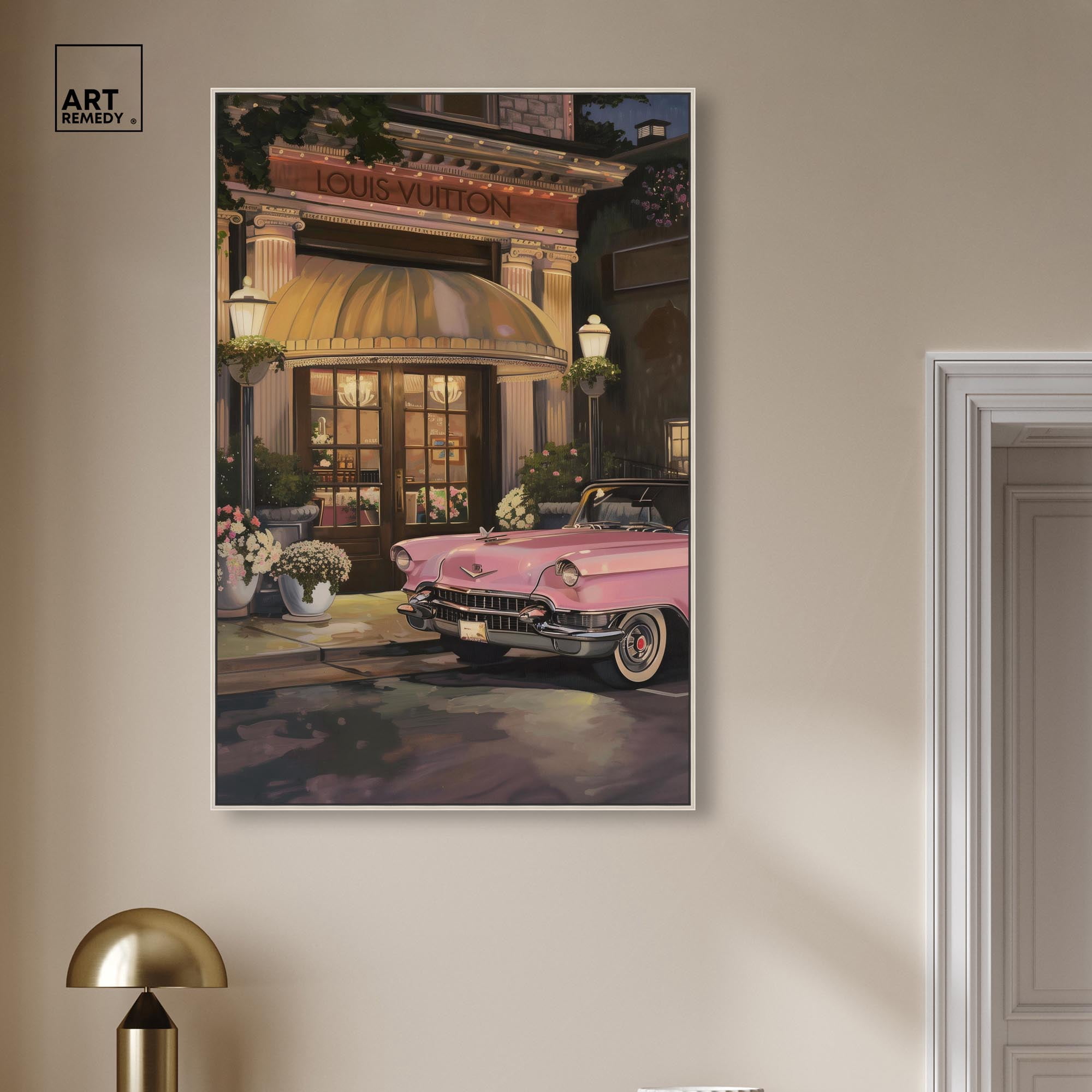 Classic Car Store Visit Canvas Fashion Art Prints by Art Remedy, Silver Frame, 30 x 45