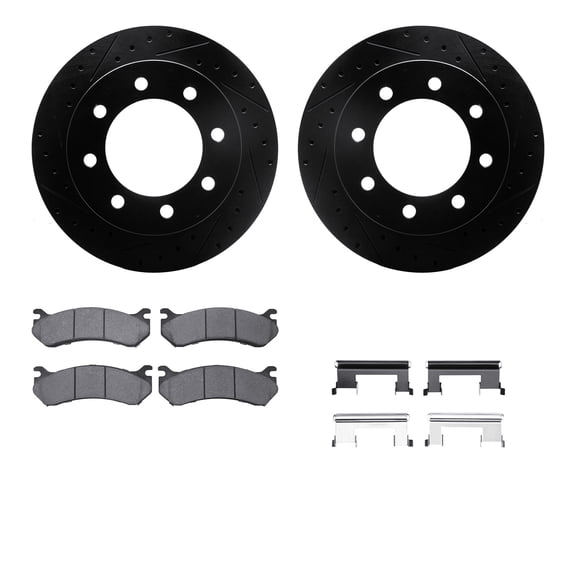 Dynamic Friction Company Rear Brake Rotors-Drilled and Slotted-Black with Ultimate Duty Performance Brake Pads includes Hardware 8412-48027