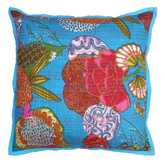 Stylo Culture Indian Couch Throw Pillow Cover 18 x 18 Kantha Printed Turquoise Hand Stitched 45x45 cm Home Decor Cotton Tropicana Square Cushion Cover | 1 Pc
