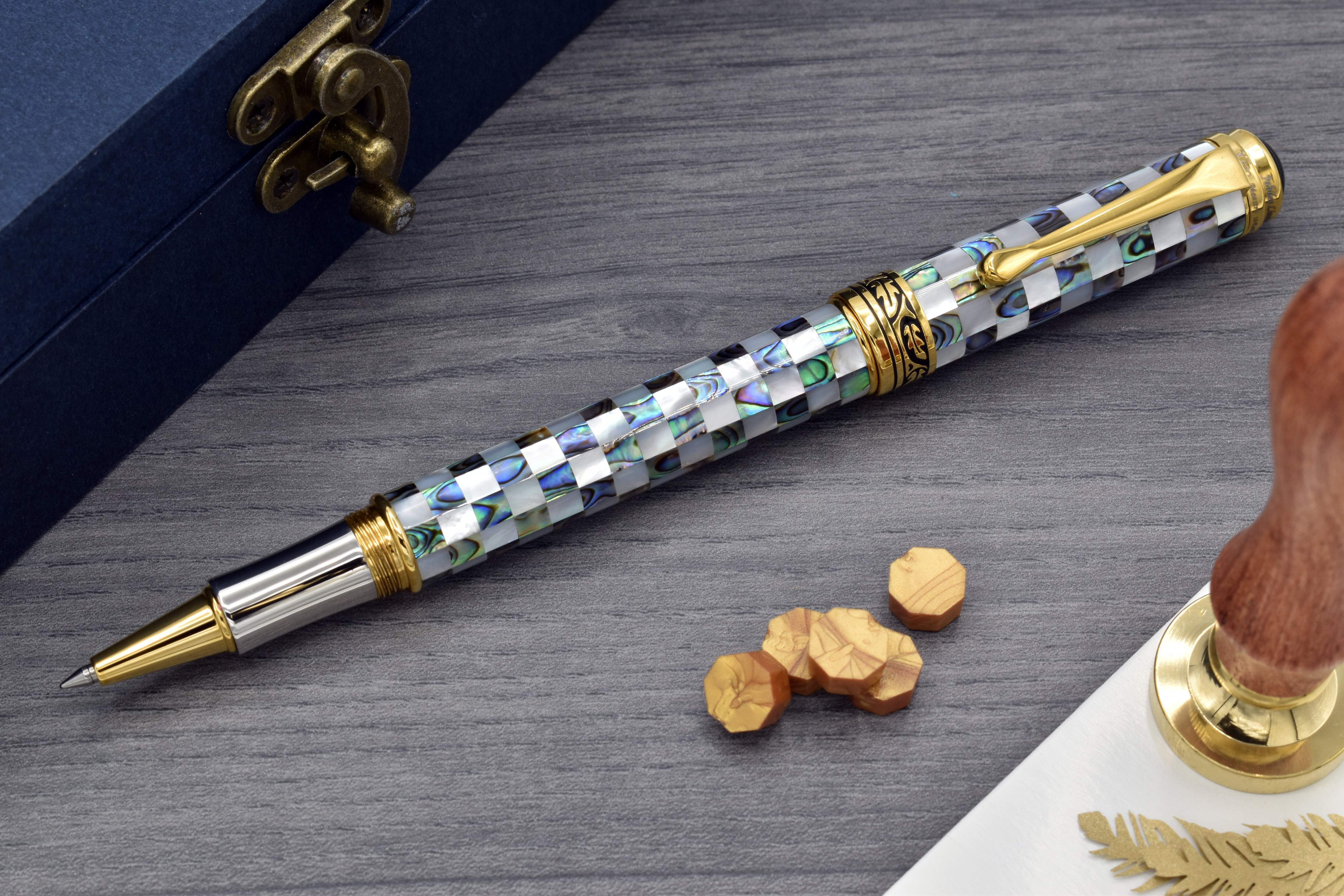 Xezo Xezo Maestro® Jubilee Classic of The Ocean Rollerball Pen - Paua Abalone  Oceanic White Mother of Pearl, 18K Gold Plated