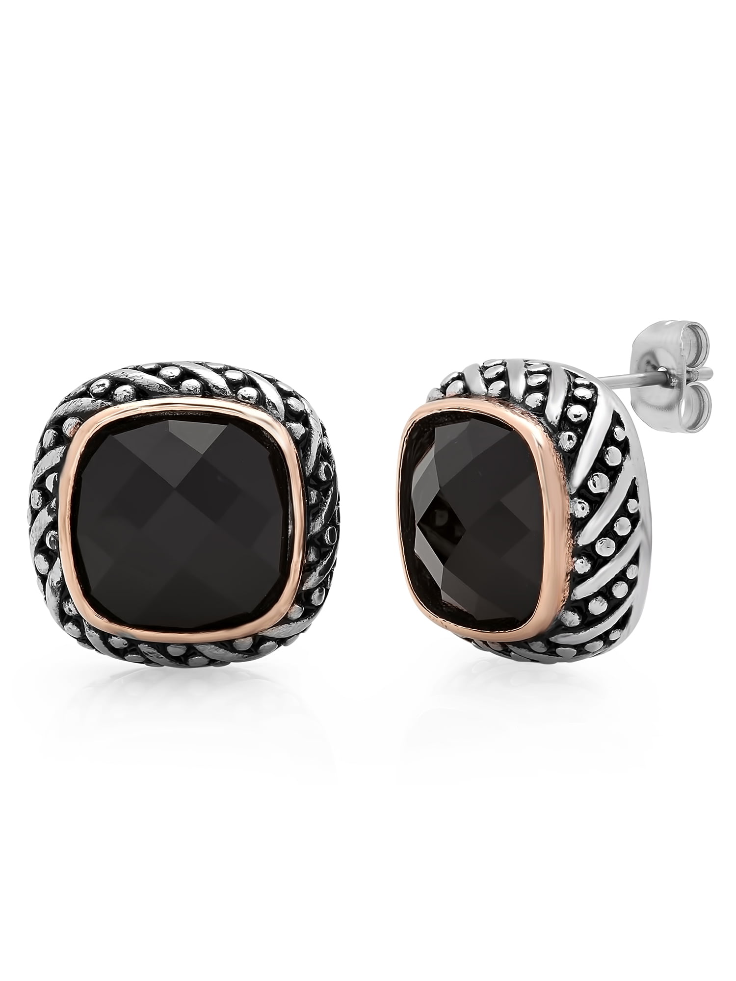Women's Stainless Steel Black Glass Stud Earrings