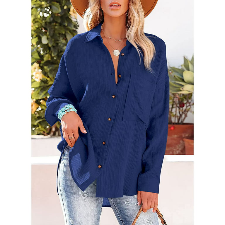 RYRJJ Womens Cotton Button Down Shirt Oversized Casual Long Sleeve Loose  Fit Collared Linen Work Blouse Tops with Pocket(Dark Blue,XL)