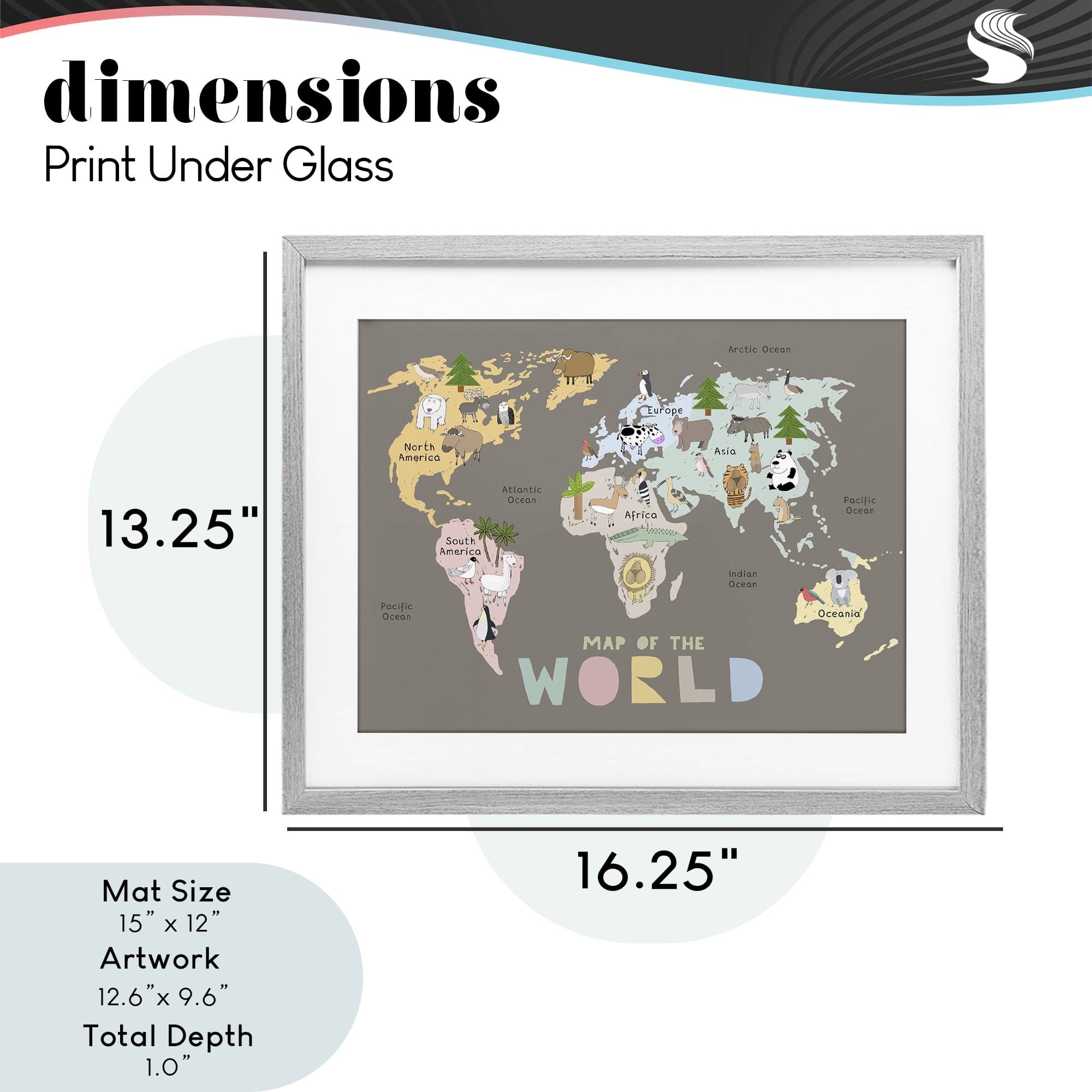 Kid's Map Of World Brown Gray Framed Print Under Glass, design by Carla Daly