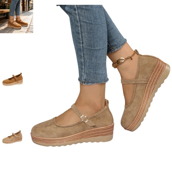 YOUYEDIAN Mary Jane Shoes Women Round Toe Fashion Wedge Platform Heel Casual Comfy Slip On Flats Versatile Retro Outdoor Walking Shoes
