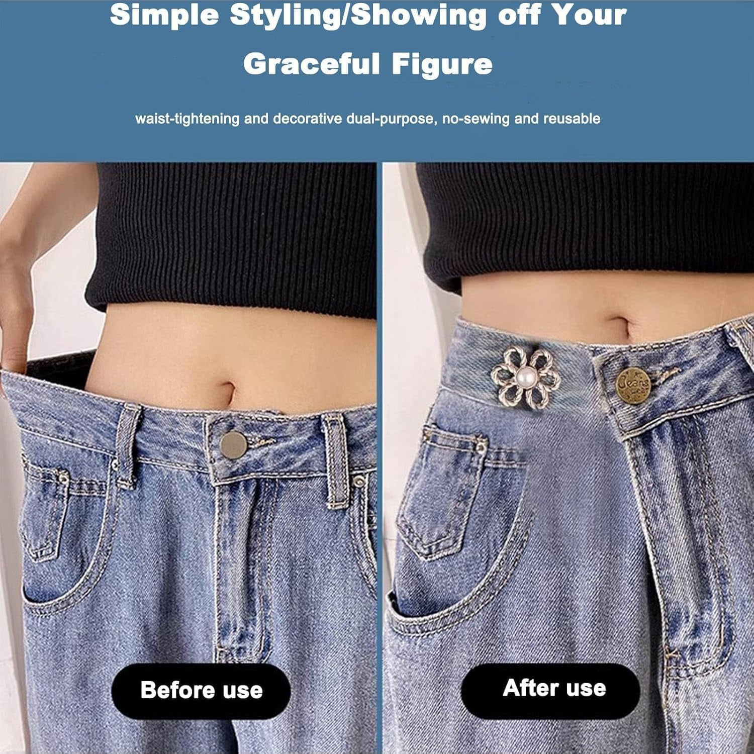 Pant Waist Tightener Flower Buttons Pins for Loose Jeans, Jean Buttons Pins, Adjustable Waists Buckle Sets No Sew, Reusable Waist Tightener 16PCS