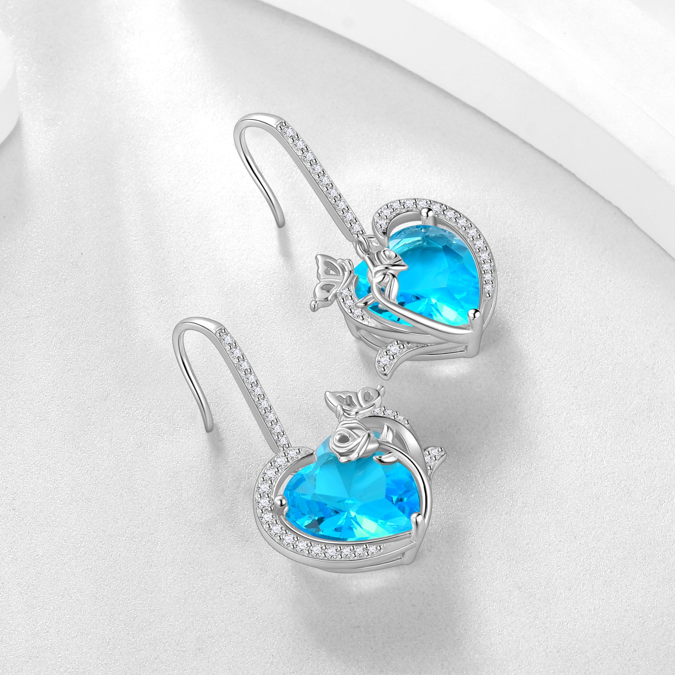 Juwaliy Women Drop Earrings March Birthstone Heart Aquamarine Blue Butterfly Flower Hook 925 Sterling Silver Earrings Valentines Christmas Jewelry Gift for Her