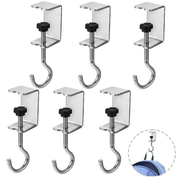 Desk Mount Bag Holder Hook,Desk Hook for Bag,Adjustable Table Hooks,Under Desk Clamp J Hooks, Portable Heavy Duty Metal Backpack Hook for Desk Table Closet,Desk Hanger Clip,6 Pcs Silver