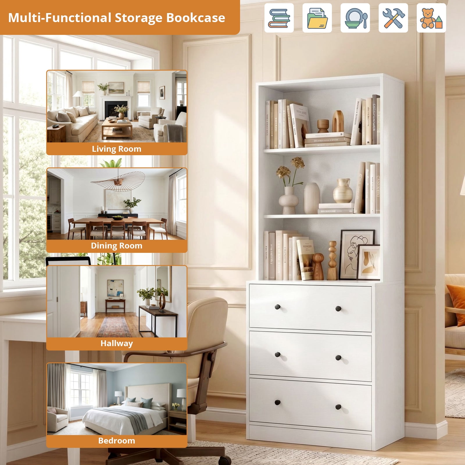 RichYa 71'' Tall Bookcase with 3 Drawers, 3-Tier Open Display Bookshelves, Freestanding Storage Cabinet for Home Office,Living Room,White