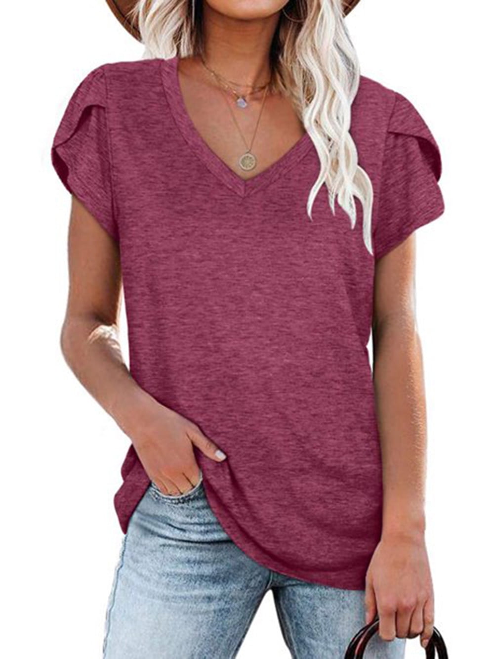 MOSHU V-Neck T-shirts for Women Petal Sleeve Tunic Tops Summer Casual ...