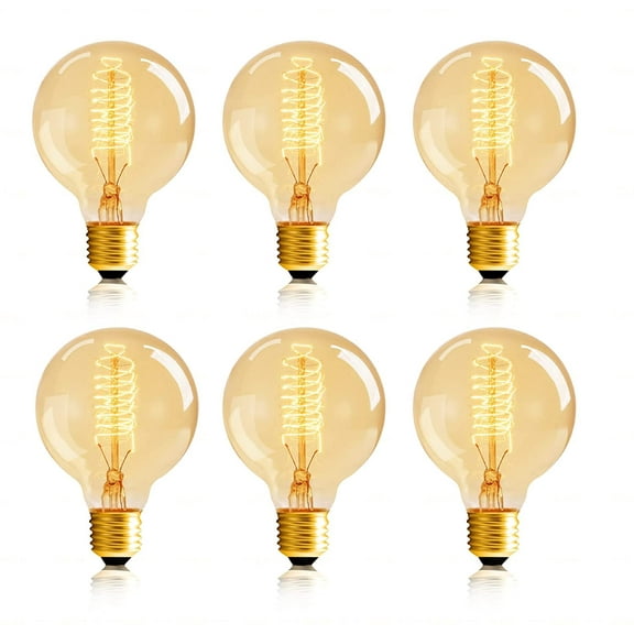 Globe Edison Bulbs, 6-Pack 60w Vintage Edison Light Bulb, Spiral Filament Edison Bulbs, E26 Base - Amber Tinted - 120VDimmable - G80 Decorative Lightbulbs