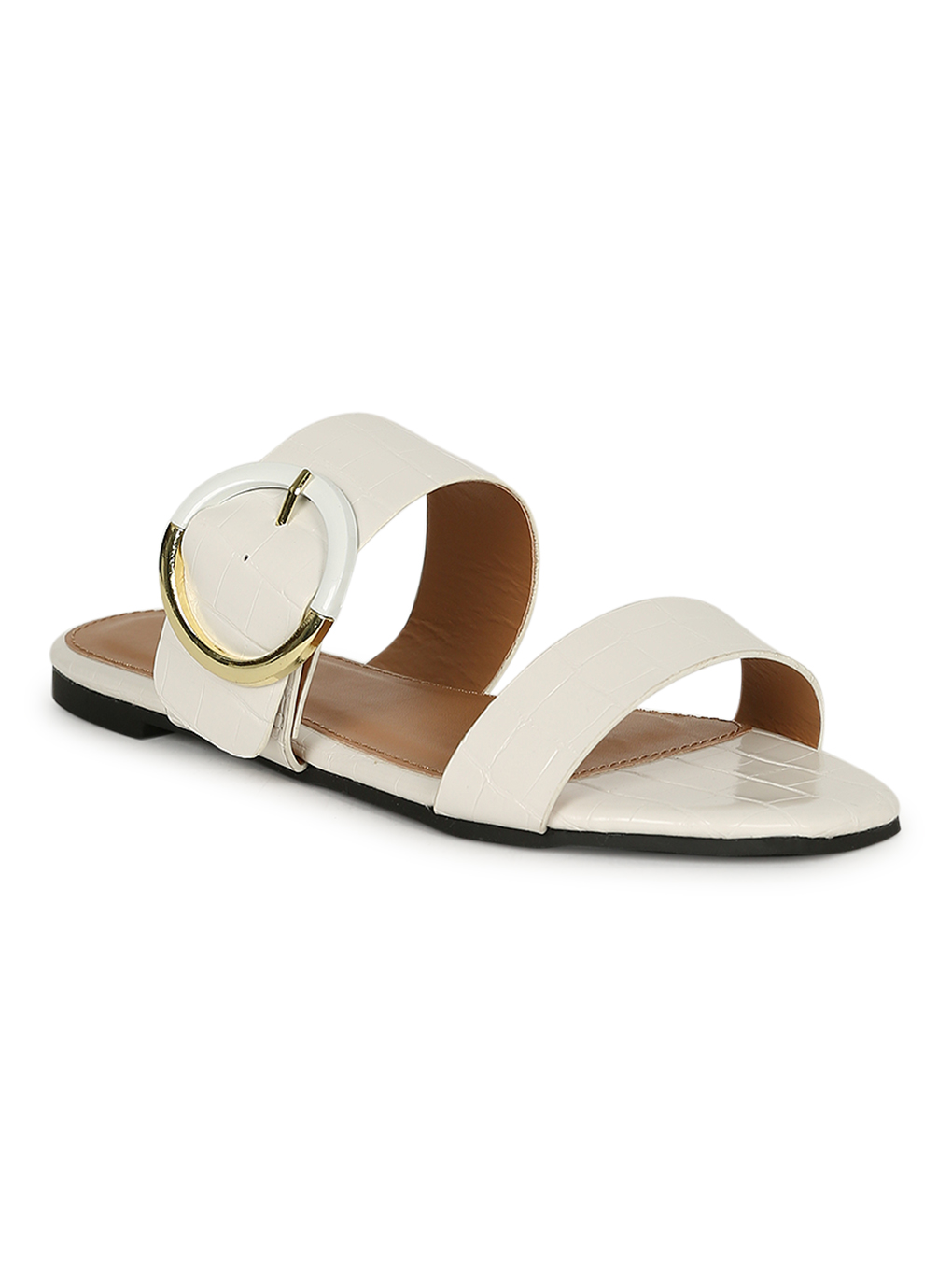 Women's Crocodile Embossed Double Strap O Buckle Slide Flat Sandals 19698 -  Walmart.com