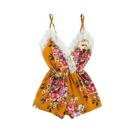 

Summer Toddler Baby Girl Floral Romper Lace Spaghetti Strap Sleeveless Romper Jumpsuit Backless Bodysuit Overalls Playwear