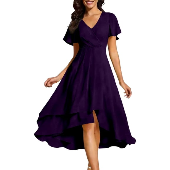 Uobin Women's Summer Chiffon Dress V Neck Ruched Short Sleeves Elegant Casual Party Dress for Outdoor Events And Daily Wear
