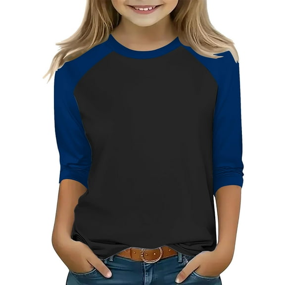 fnnxnal Big Girls 9T Blue Baseball Tee - Color Block 3/4 Sleeve, Polyester Spandex, Machine Washable Durable Kids Everyday Shirt