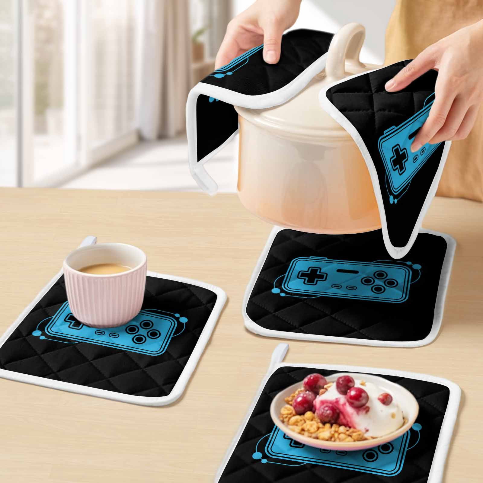 Blue Game Handle Pot Holders for Kitchen Heatproof Potholder, 3 Pack Video Gamer Console Earphones Black Hot Pads Multipurpose Oven Pads Cloth Potholders Trivet for Cooking Baking
