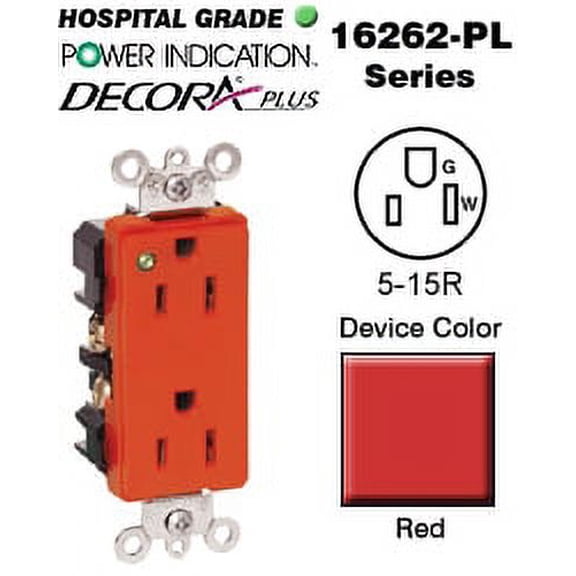 Leviton 16262-PLR Decora Duplex Receptacle Power Indication Hospital Grade 5-15R 15A 125V BandS Wired - Red