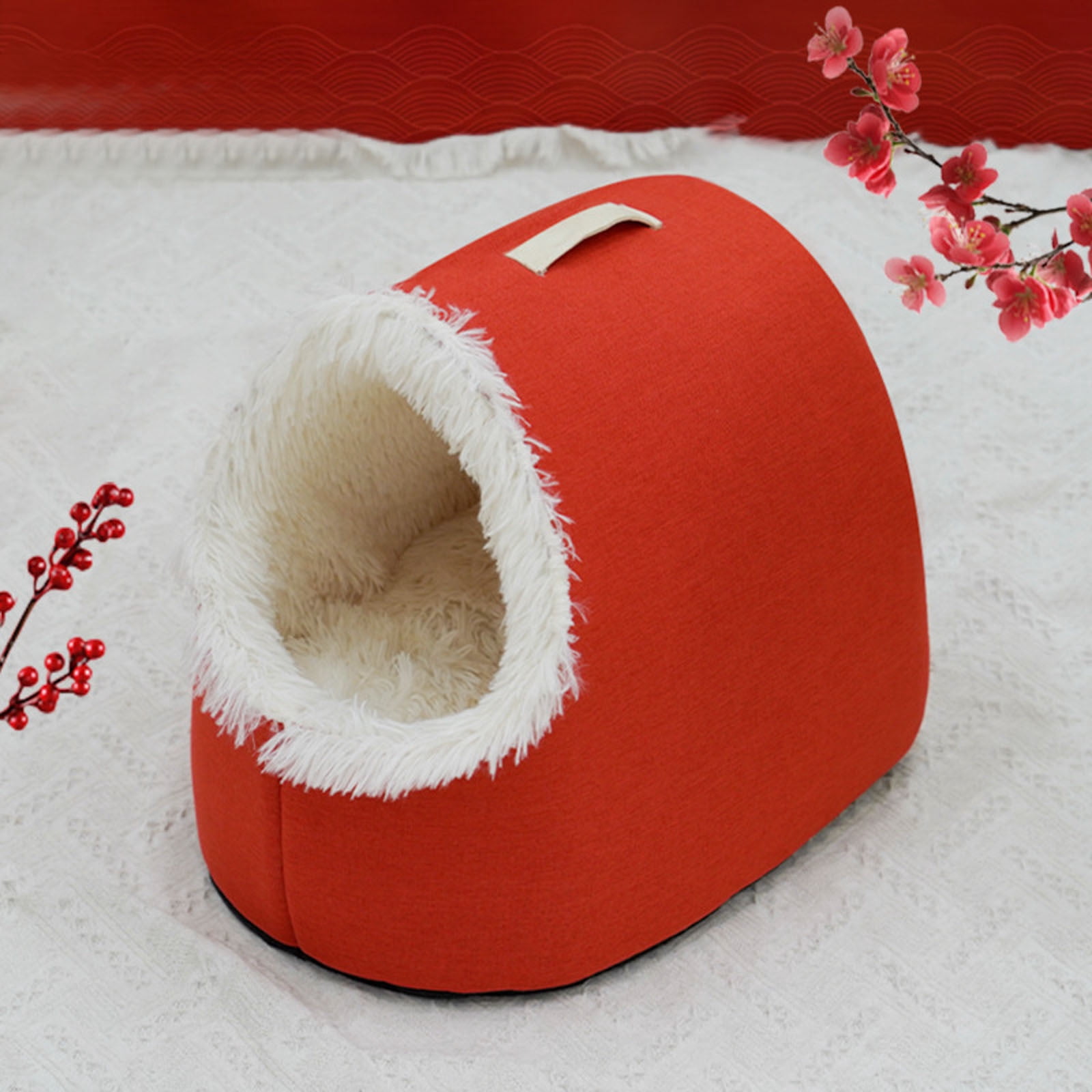 Portable Warm Cat Cave Bed, Soft Plush Hooded Pet Calming Nest - Washable Removable Cushion for Indoor Cats, Small Dogs, Winter Sleeping (13x15.7 Inches)