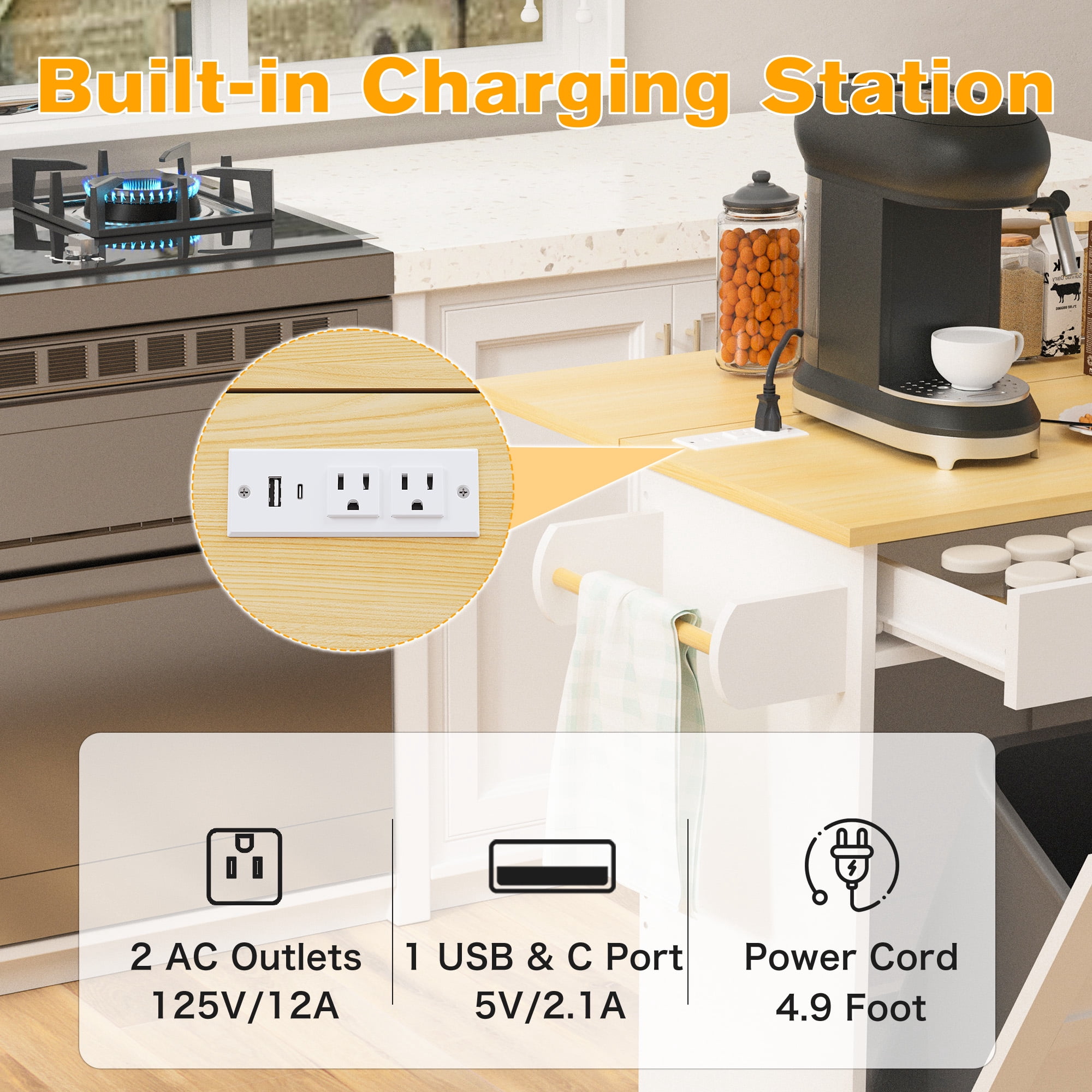 ZIDTIA 60" Kitchen Island with Drop Leaf & Power Outlet, Kitchen Rolling Island with Spice Rack & Towel Rack, Mobile Kitchen Storage Cart with Trash Cabinet, White