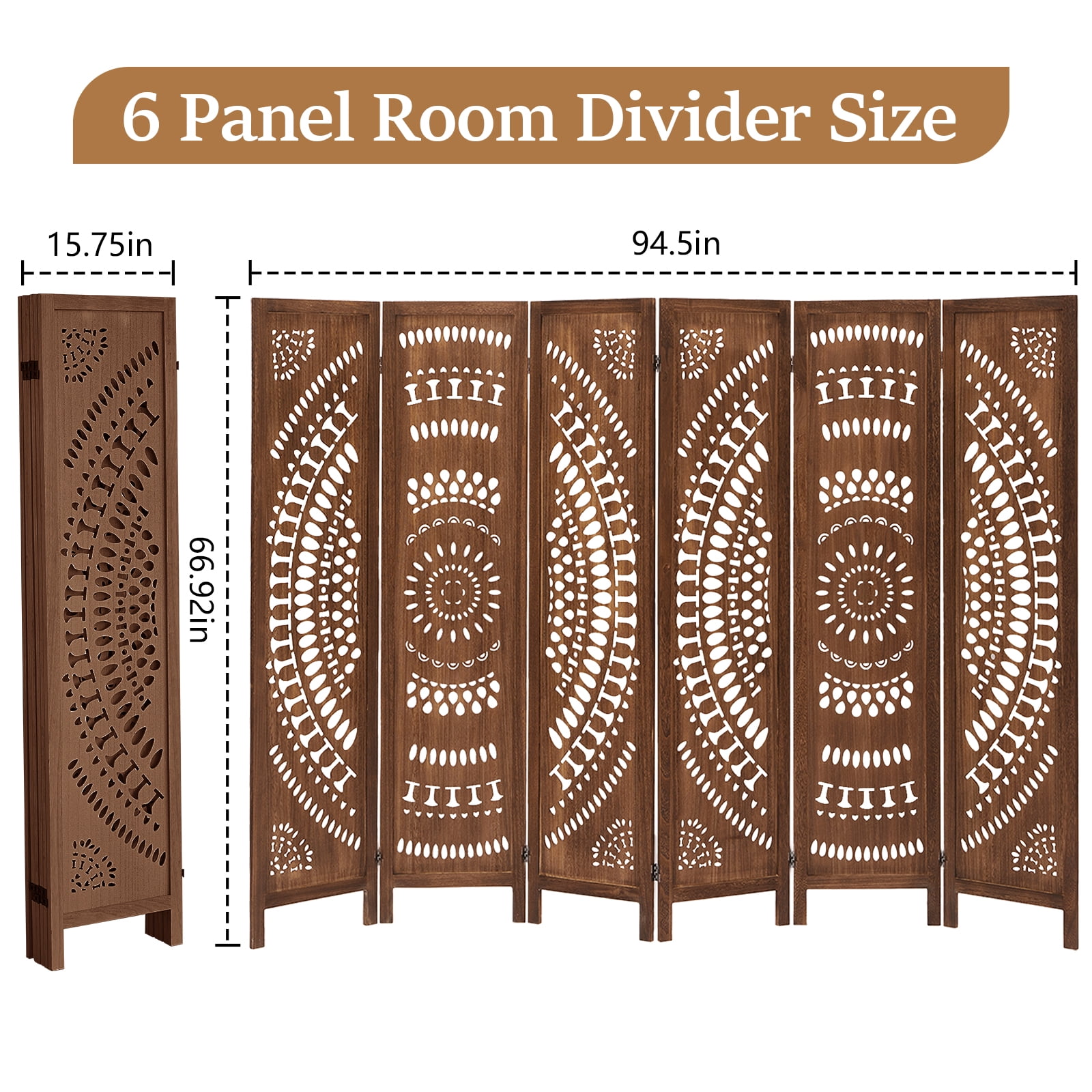 Aletheiawu 6 Panel Wood Carved Room Dividers and Folding Screens, No Mounting Require, Dark Brown