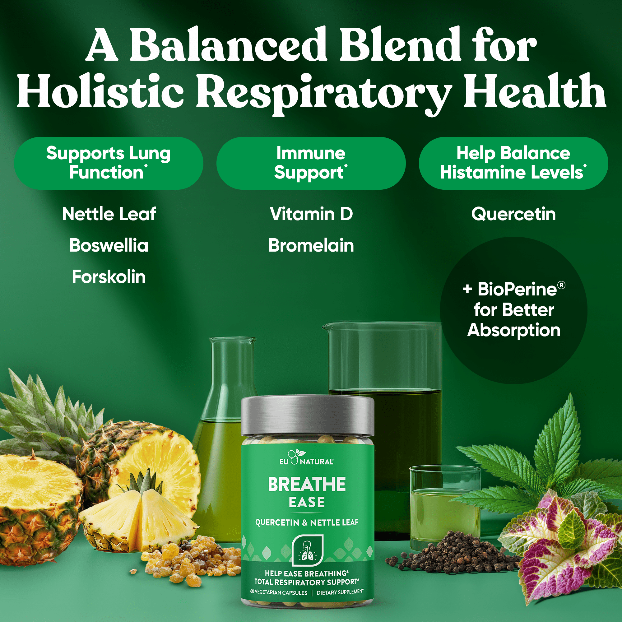 Eu Natural Breathe Inhaler Support Supplement Sinus, Lungs, Quercetin, Vitamin D, Bromelain 60 Vegetarian Soft Capsules