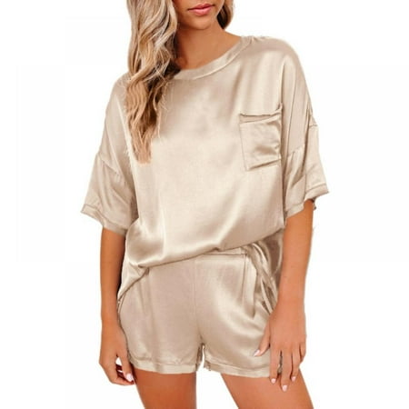 

PRAETER Solid Color Chiffon Shirt Short-sleeved Straight Shorts Pajamas Casual Home Style