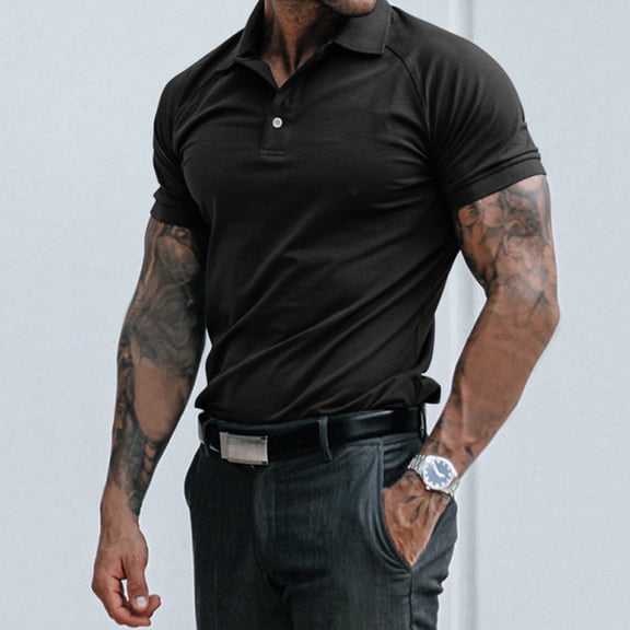 HOWPAY Men's Polo Shirts Short Sleeve Solid Color Classic Button Collared Tees Casual Lightweight Loose Fit Athletic Work Polo T-Shirts Black L
