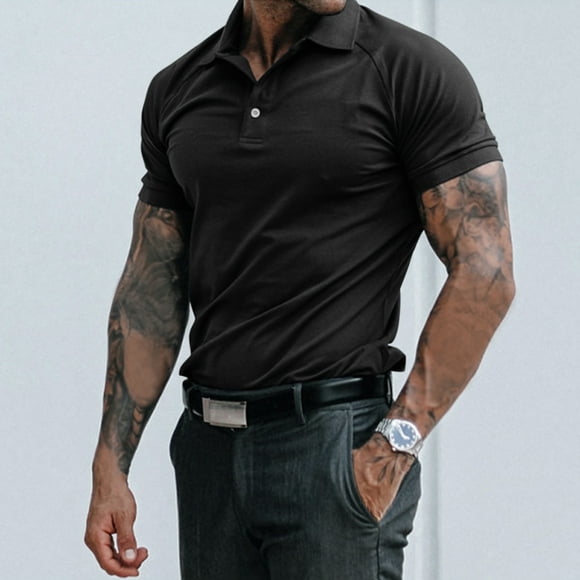 Mens Polo Shirts with Collar Male Summer Solid Print T Shirt Turn Down Collar Raglan Sleeve Tops Big and Tall Polo Shirts for Men Black