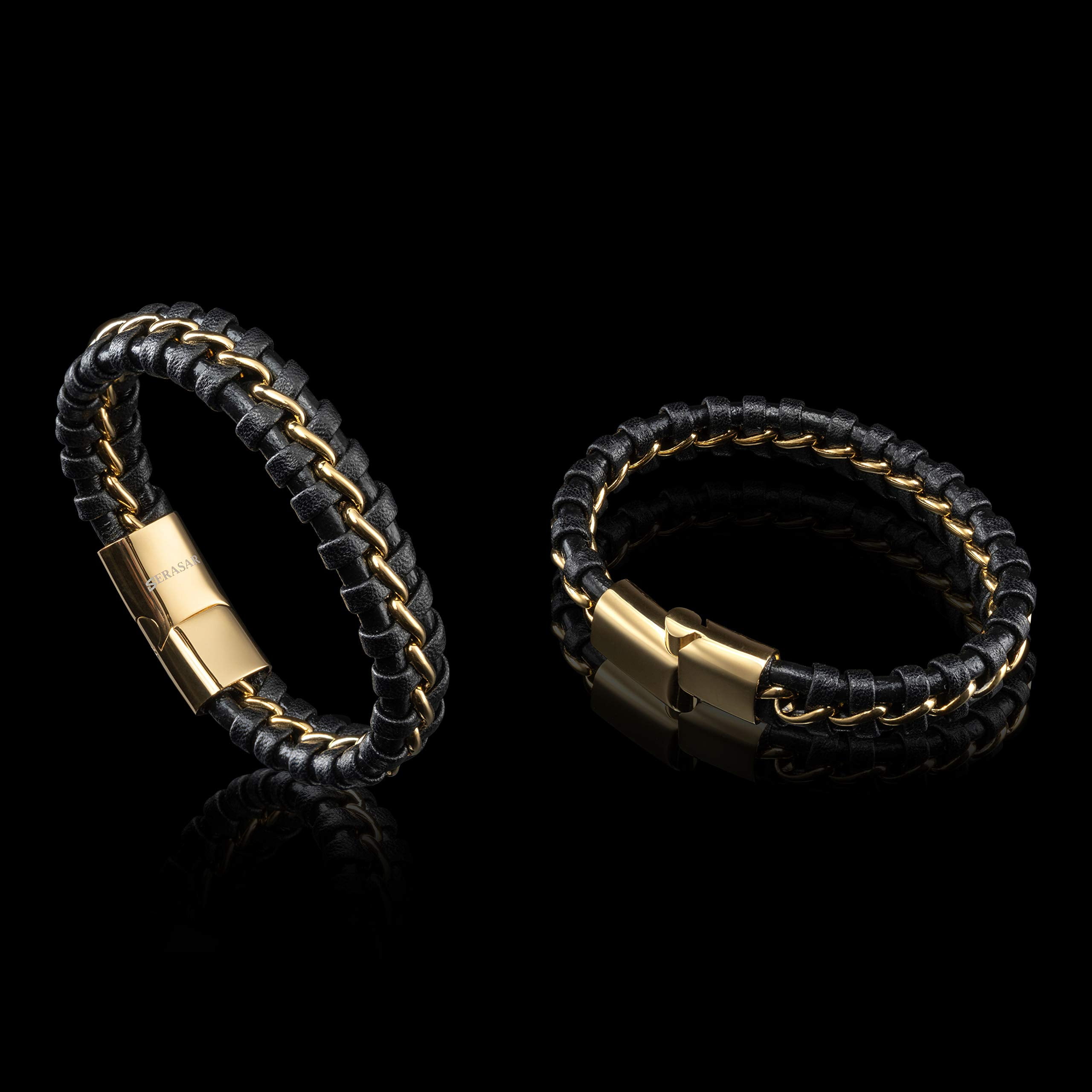 SERASAR Leather Bracelet for Man "Joy" with stainless steel magnetic closure, Gold 20cm, including gift box