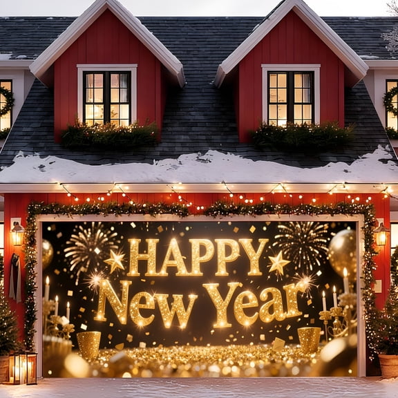 XIBUFE 13X6Ft Happy New Year Garage Door Banner Golden Confetti Celebration Backdrop New Year'S Eve Garage Door Cover Decoration for Celebration Party Indoor Outdoor House Wall Background Decor