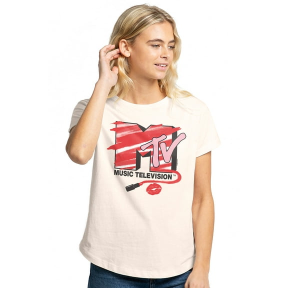MTV Lipstick Filled Logo Women's Graphic T-Shirt Rolled Sleeve Tee